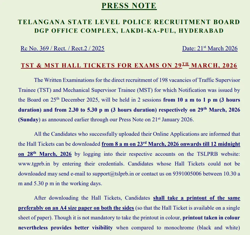 TSLPRB TSRTC Hall Ticket 2026 Date Out, Supervisor Admit Card Link_3.1