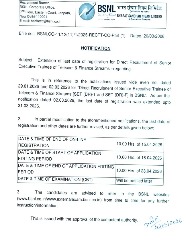 BSNL Recruitment 2026 for 120 Vacancies, Apply Online Extended till 15 April_3.1