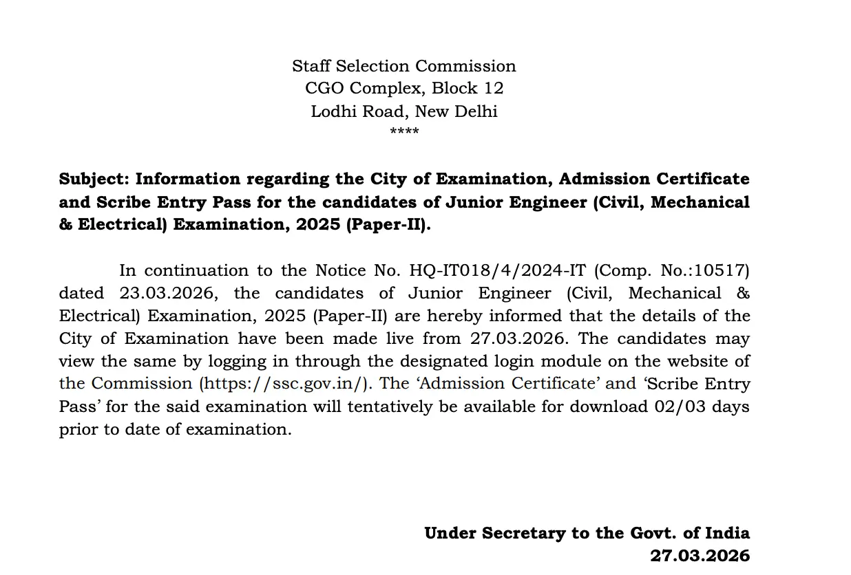 SSC JE City Intimation 2026