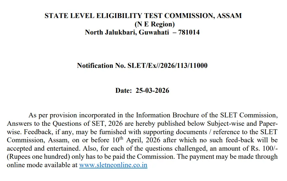 Assam SLET Answer Key 2026 Out at sletne.org, Download Response Sheet PDF_3.1