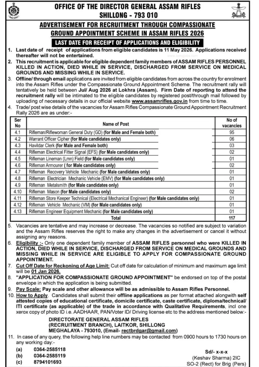 Assam Rifles Compassionate Ground Recruitment 2026 Out for 117 Vacancies_2.1