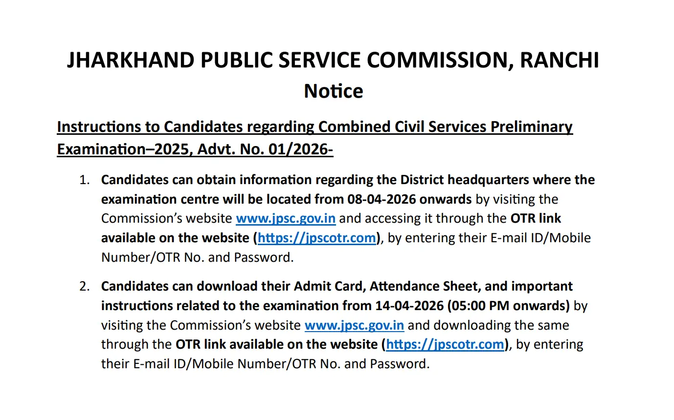 JPSC Exam City 2026 Out at at jpsc.gov.in, District & City Intimation Slip_3.1