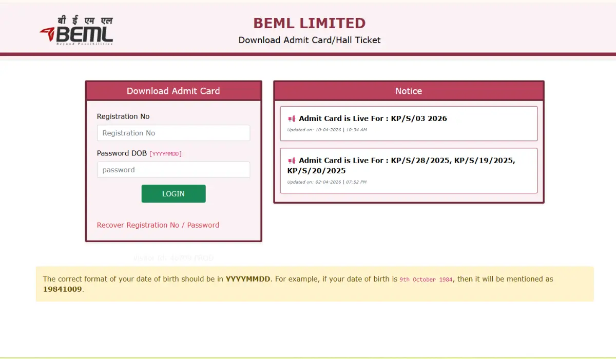 BEML Junior Executive Admit Card