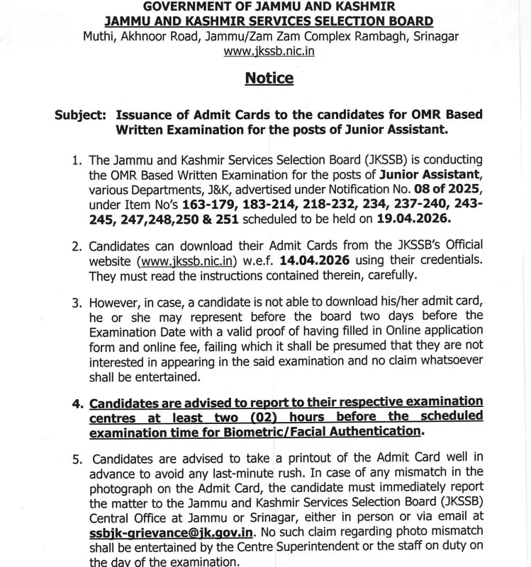 JKSSB Junior Assistant Exam Date 2026 Out, Written Exam on 19 April_3.1