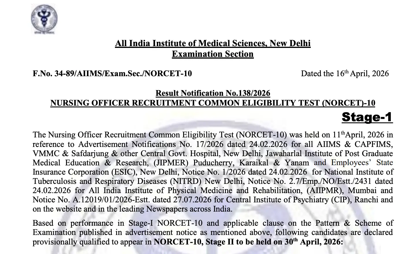 AIIMS NORCET 10 Results 2026 Out: Download Prelims Merit List PDF & Cut Off_3.1