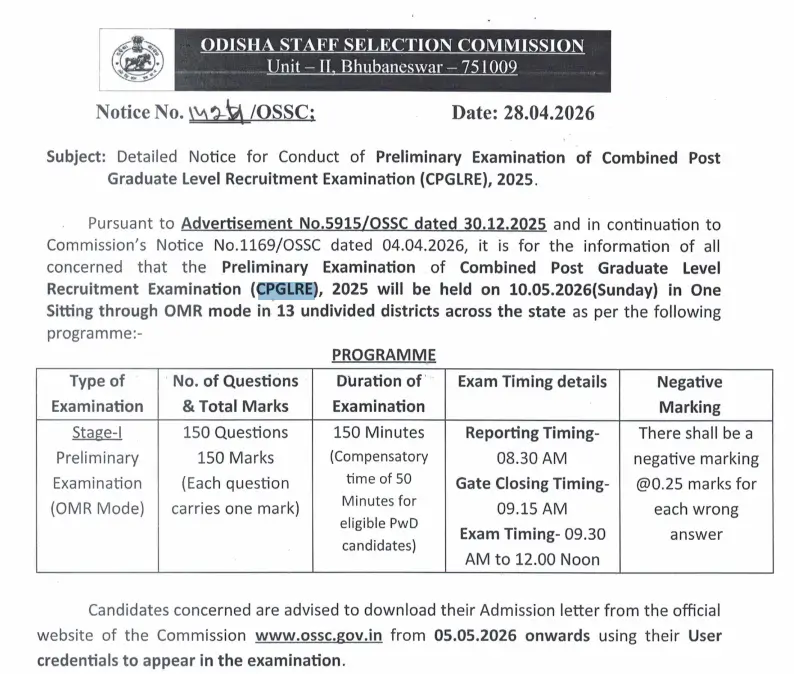 OSSC Combined Post Graduate Level (CPGL) Exam Date 2026 Out, Check Exam Schedule_3.1