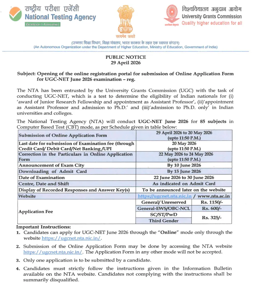 UGC NET June 2026 Notification Out, Apply Online Link Active at ugcnta.nic.in_3.1