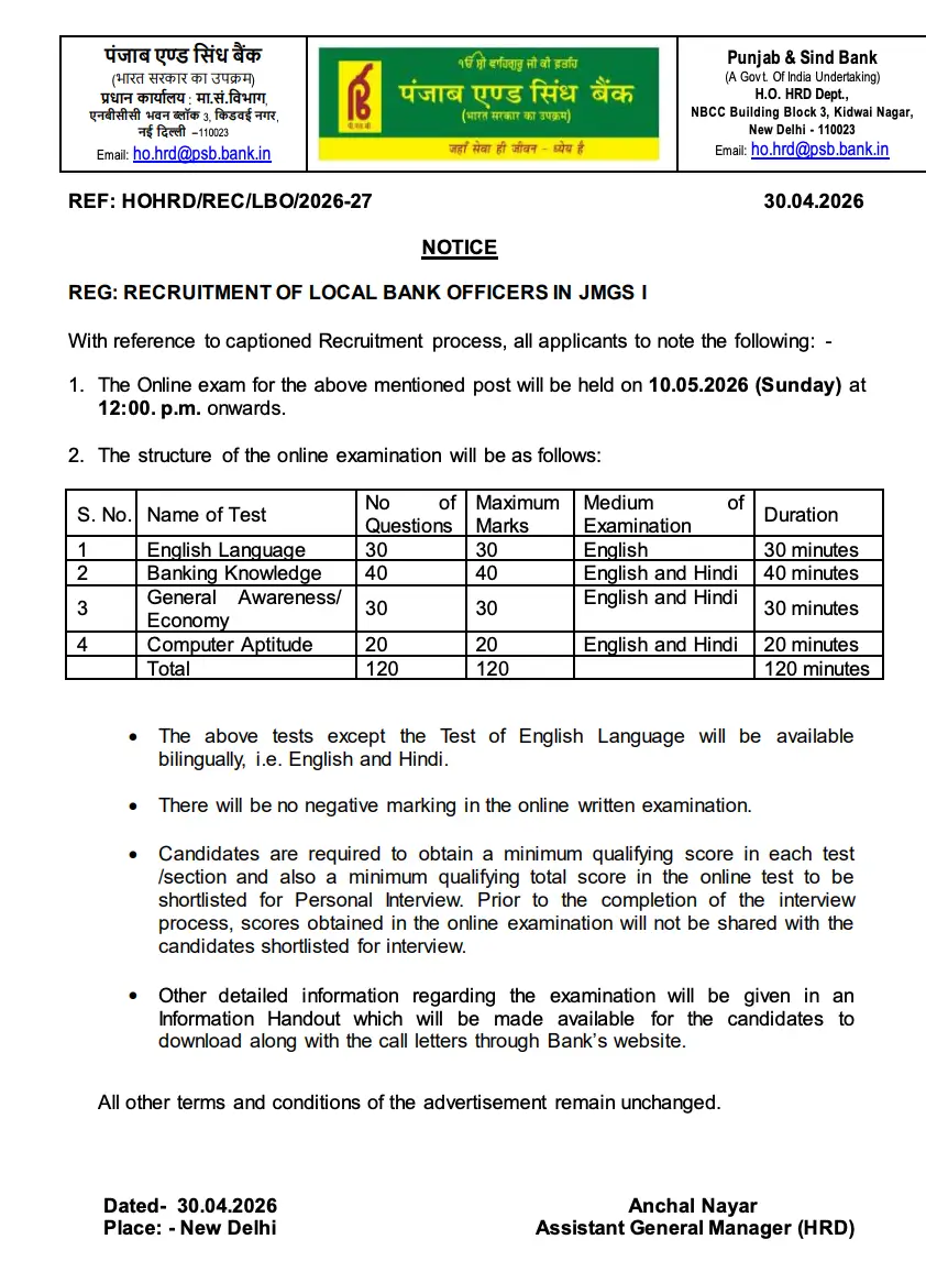 Punjab and Sind Bank LBO Exam Date 2026 Out, Official Schedule (1000 Vacancies)_2.1