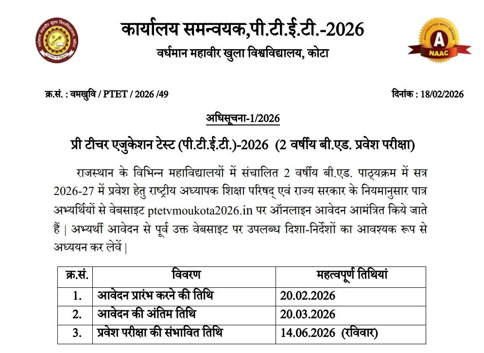 Rajasthan PTET Exam Date 2026 Out, Written Exam on 14 June_3.1