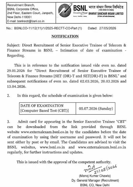 BSNL Senior Executive Trainee (SET) Exam Date 2026 Out for 120 Posts, Check Official Schedule_3.1