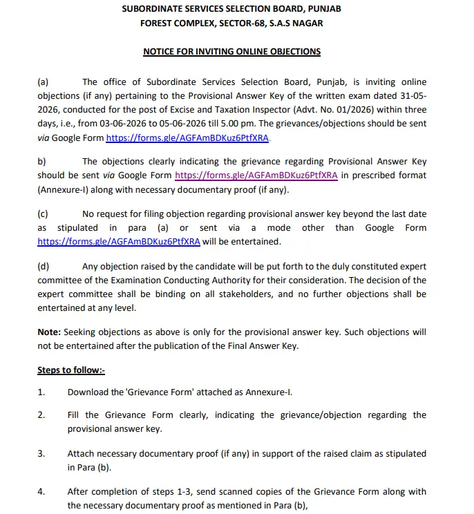 PSSSB Excise Inspector Answer Key 2026 Out, Raise Objection Till 5 June_3.1