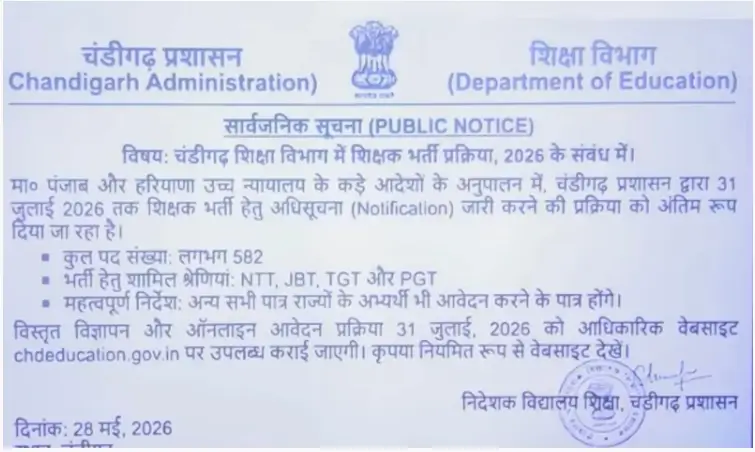 Chandigarh Teacher Recruitment 2026, 582 NTT, JBT, TGT, PGT Posts Expected_3.1