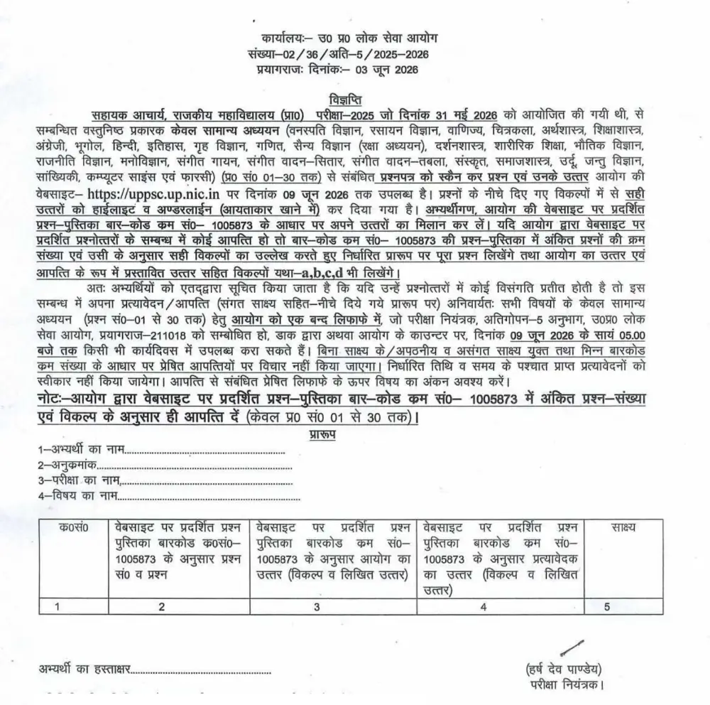 UPPSC GDC Assistant Professor Answer Key 2026 Out, Official Response Sheet PDF_3.1
