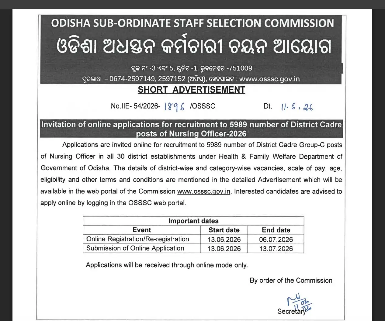 OSSSC Nursing Officer Notification 2026 Out for 5989 Vacancies, Apply Starts from 13 June_3.1