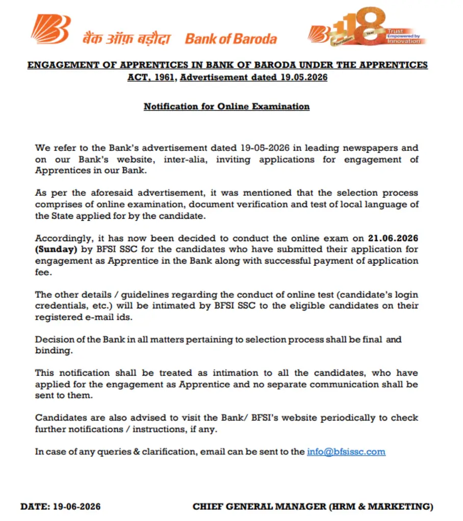 Bank of Baroda Apprentice Exam Date 2026 Out (5000 Posts), Online Exam on 21 June_3.1