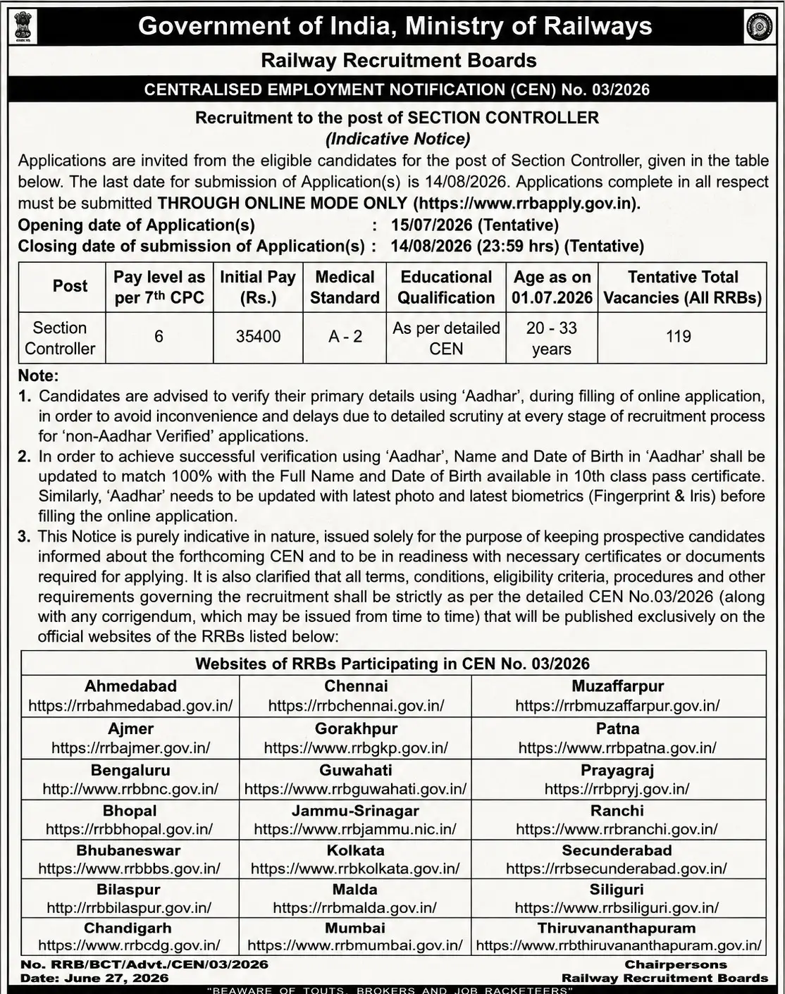 RRB Section Controller Notification 2026 Out for 119 Vacancies, Check Eligibility & Apply Dates_3.1