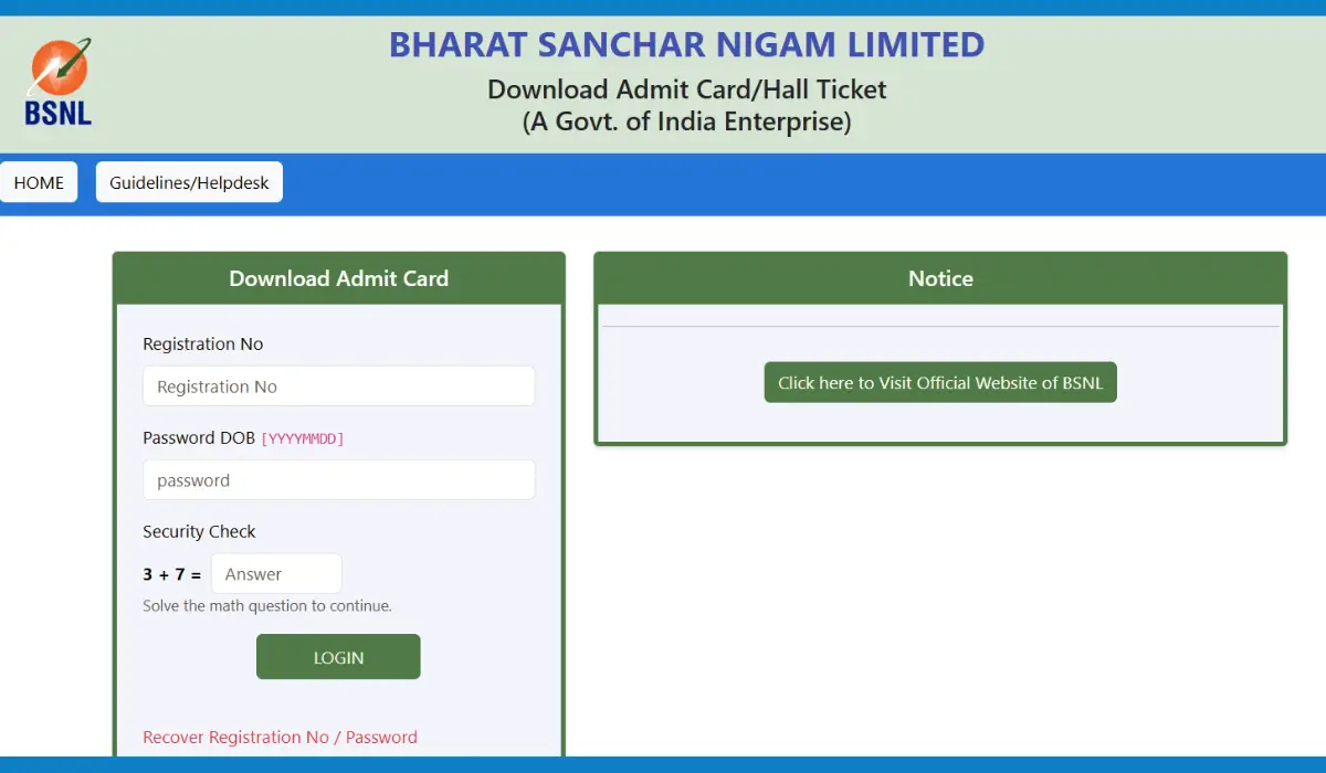 BSNL SET Admit Card 2026