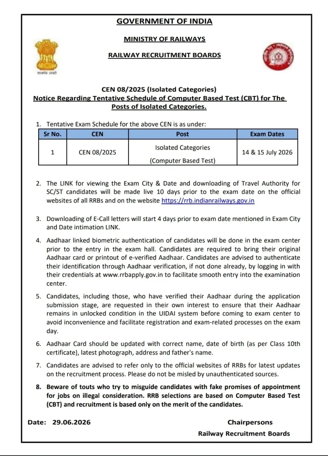 RRB Isolated Categories Exam Date 2026 Out, Official Exam Schedule Notice_3.1