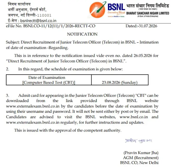 BSNL JTO Exam Date 2026 Out, Check Official Exam Schedule_3.1