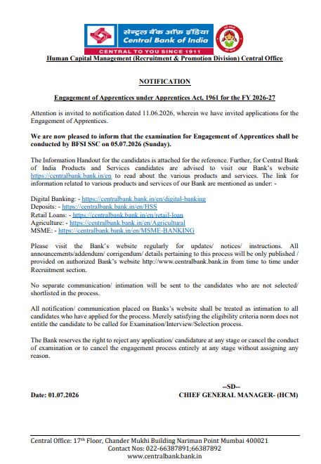 Central Bank of India Apprentice Exam Date 2026 Out, Check Official Schedule for 4500 Posts_3.1