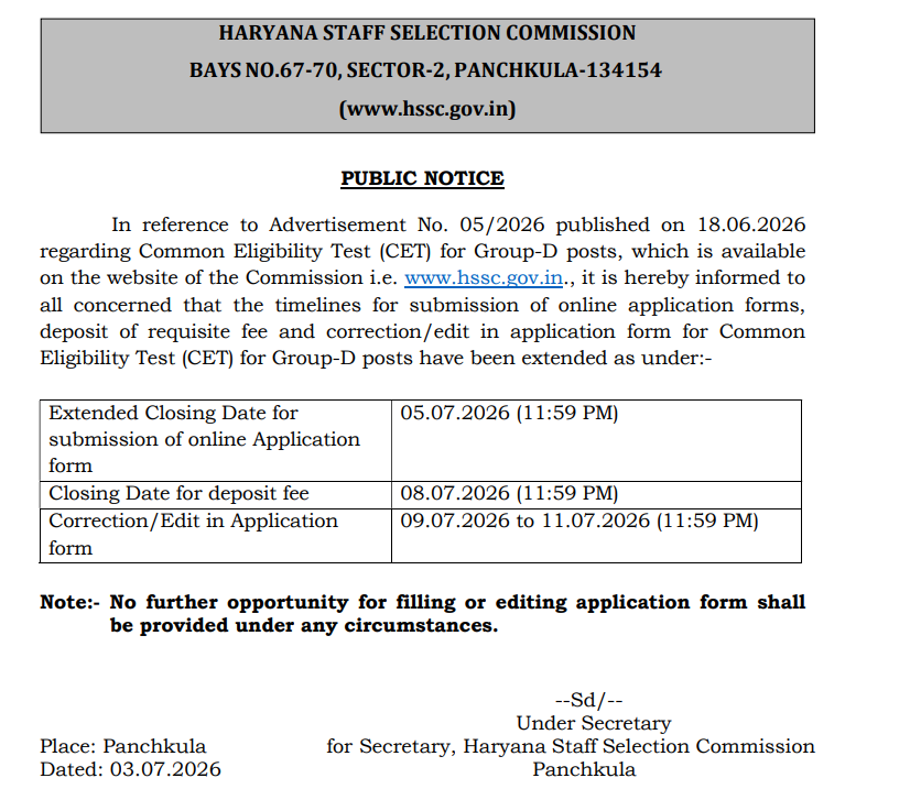 HSSC CET Group D Recruitment 2026, Last Date Extended till 5 July_3.1