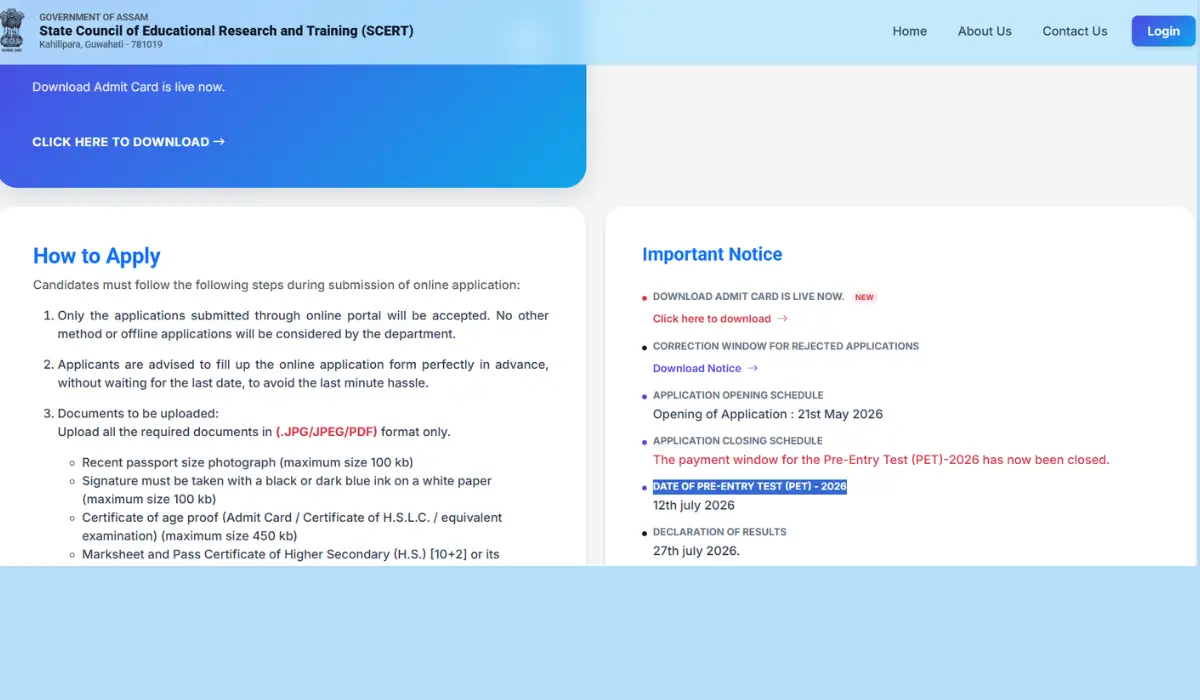 SCERT Assam D.El.Ed Admit Card 2026