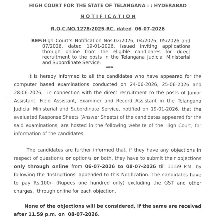 Telangana District Court Answer Key 2026 Out, Raise Objection Till 8 July_3.1