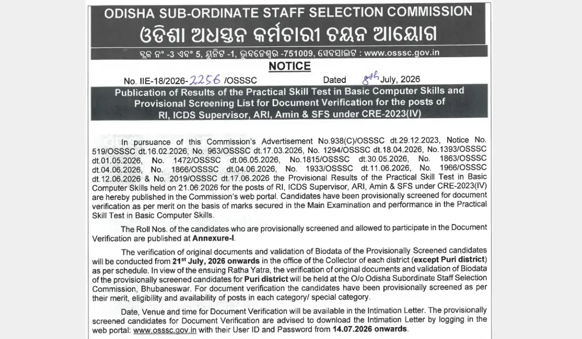 OSSSC RI ARI Result 2026