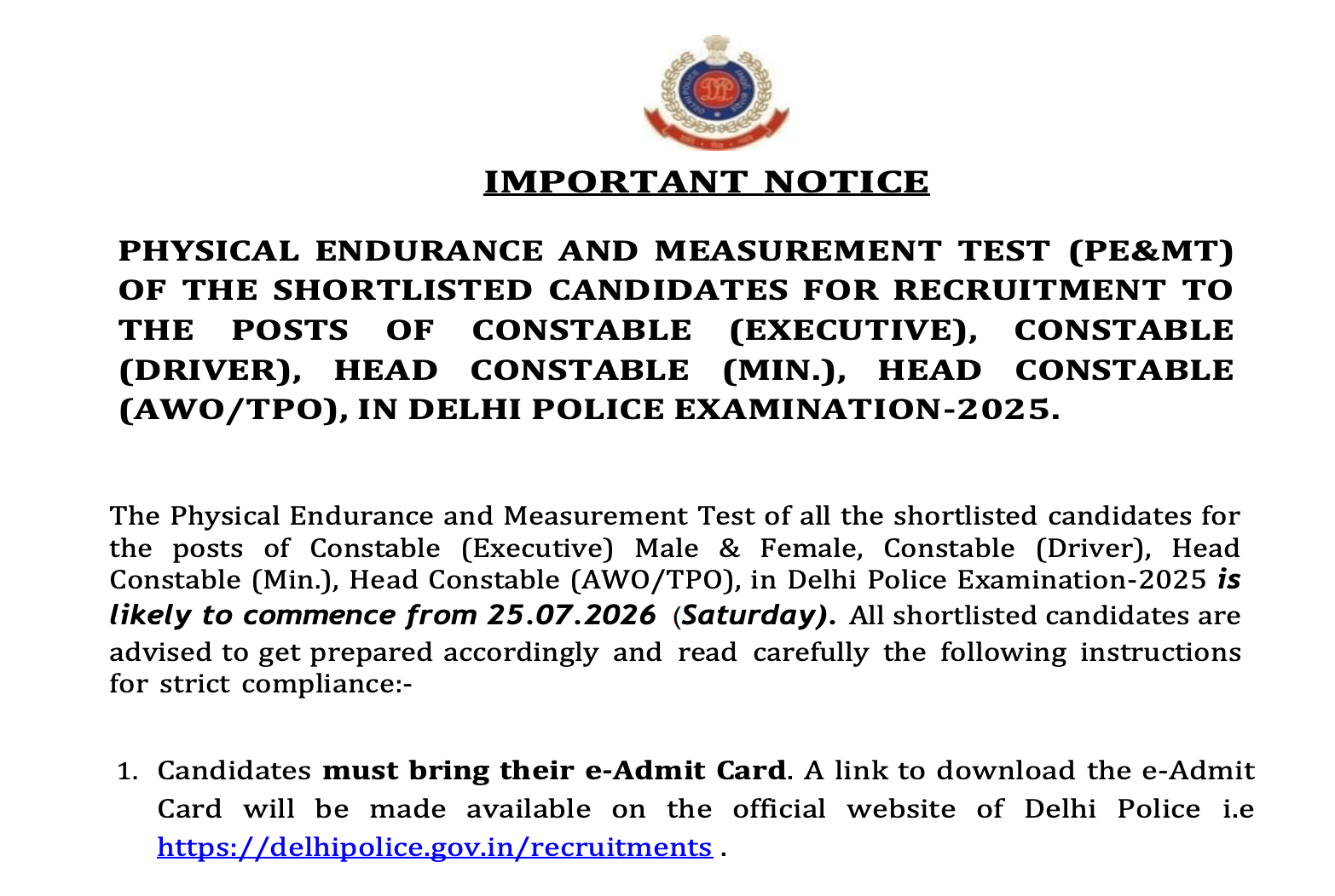 delhi police physical test date