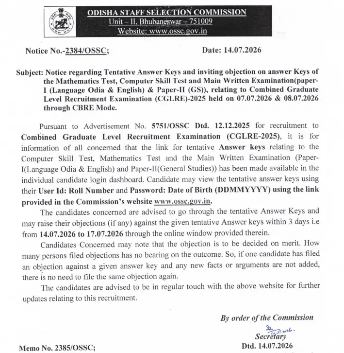 OSSC CGL Mains Answer Key 2026 Out, Download Response Sheet PDF