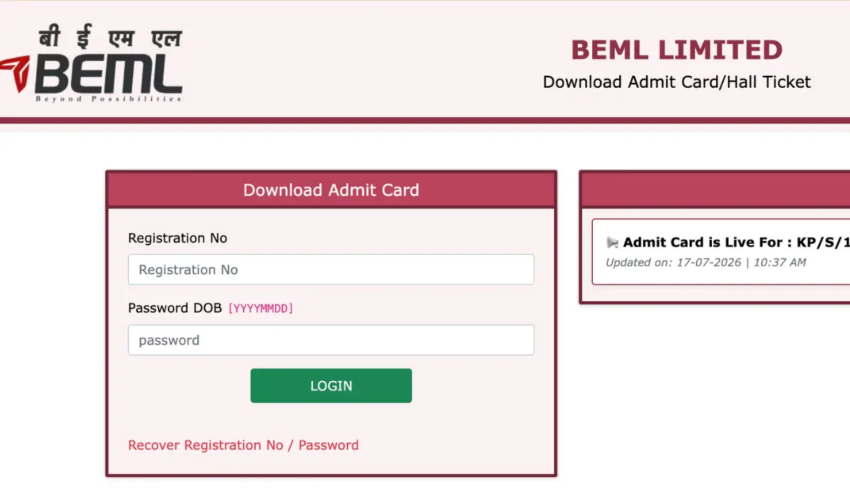 BEML Operator Admit Card