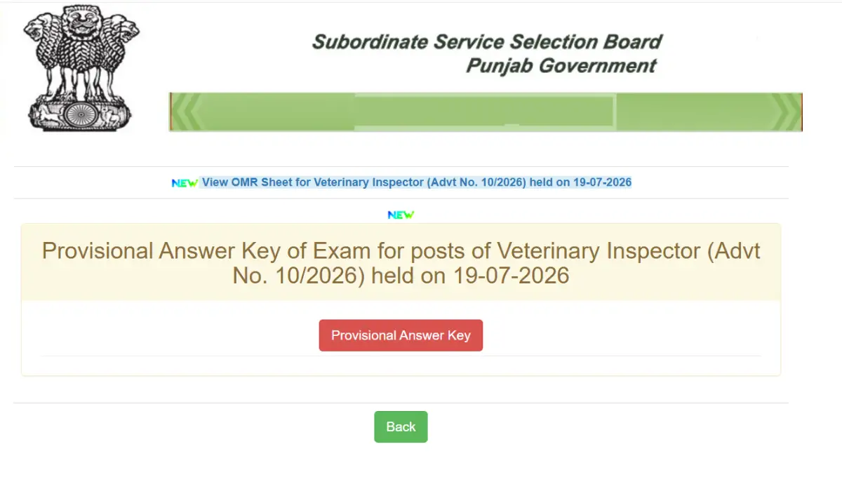 PSSSB Veterinary Inspector Answer Key 2026