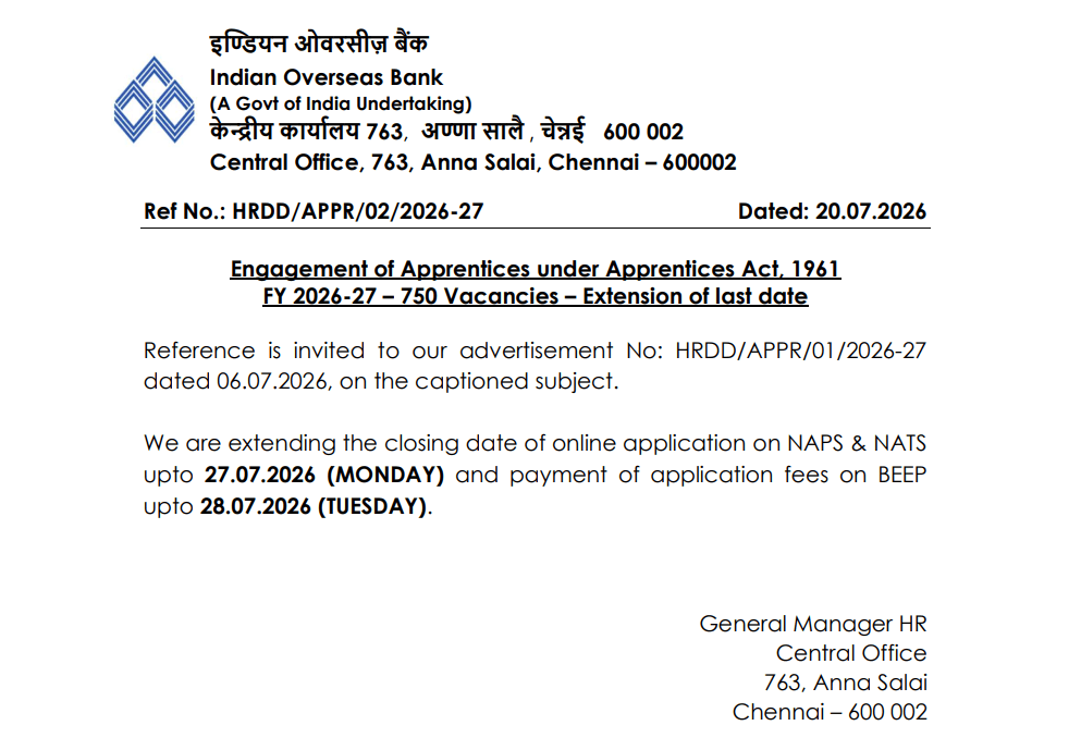 IOB Apprentice Recruitment 2026 (750 Posts), Last Date Extended till 27 July_3.1