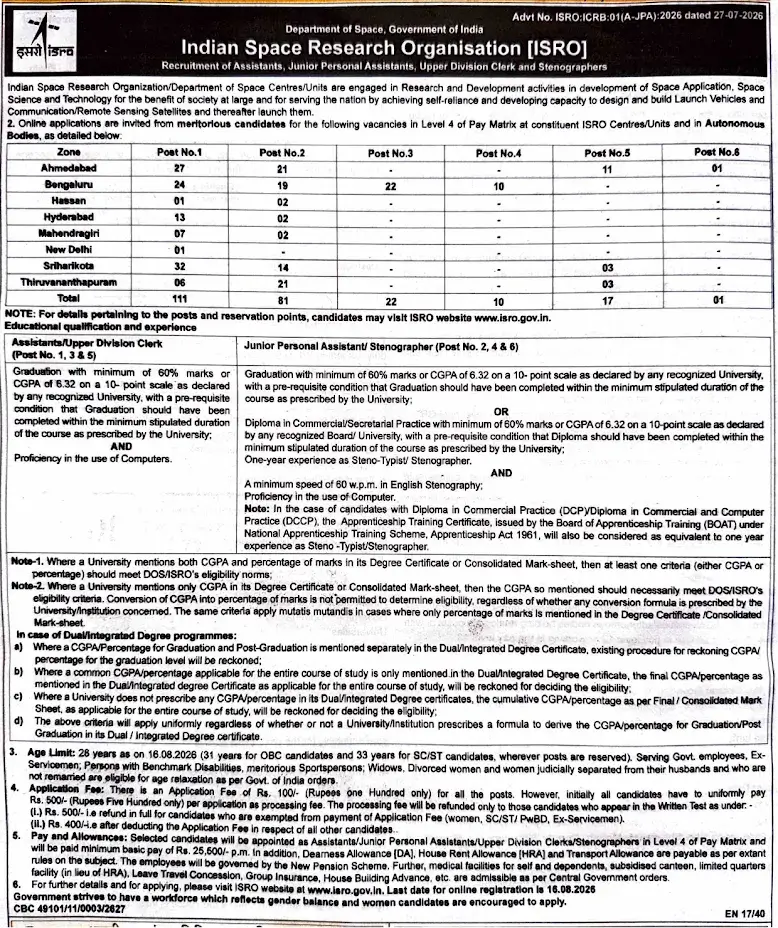ISRO Recruitment 2026 Notification Out for 242 UDC, Assistant, JPA & Steno Posts_3.1