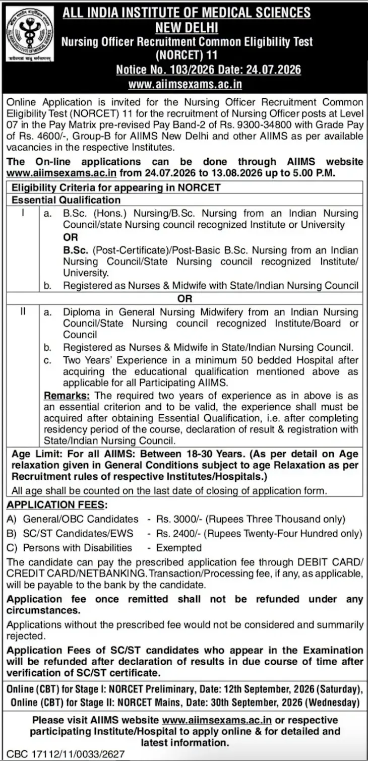 AIIMS NORCET 11 Notification 2026 Out, Exam Date, Online Form & Eligibility_3.1