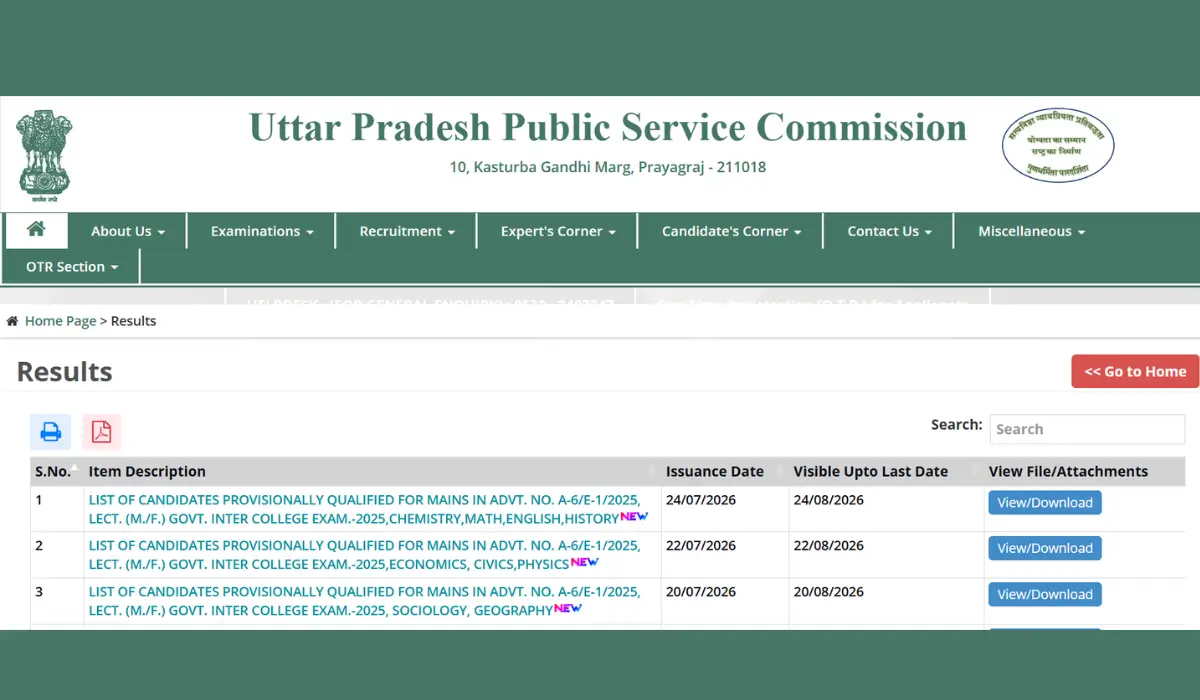UPPSC GIC Lecturer Result 2026