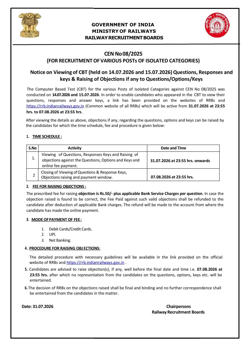 RRB Isolated Categories Answer Key 2026 Out, Download CBT Exam Response Sheet PDF_3.1