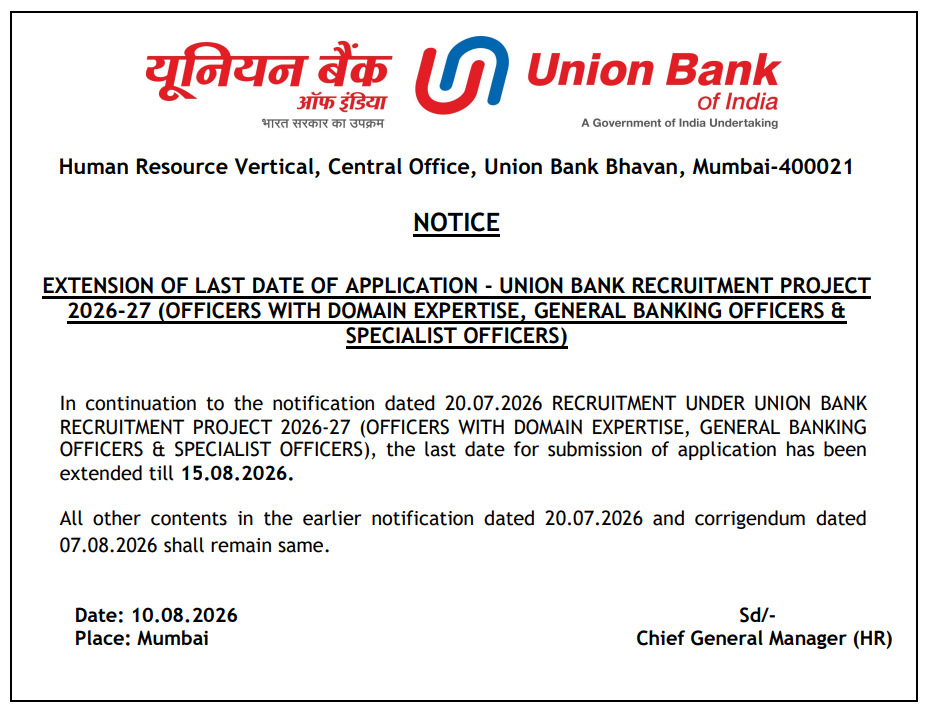 Union Bank of India SO Recruitment 2026 (395 Posts), Last Date Extended Till 15 Aug_3.1