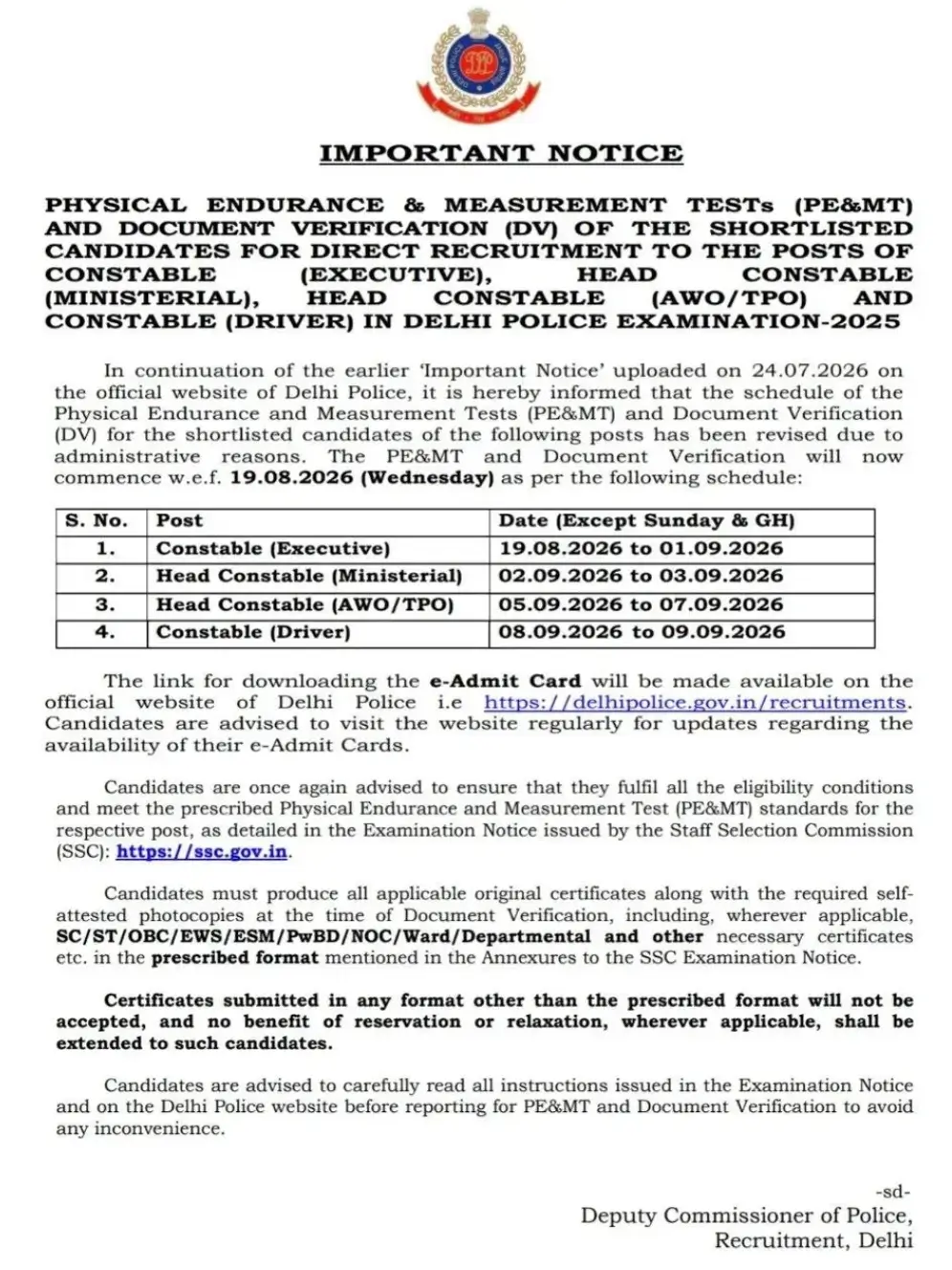 Delhi Police Physical Test Dates 2026 Out for Constable, HCM, AWO TPO & Driver Posts, Check PE & MT Schedule_3.1