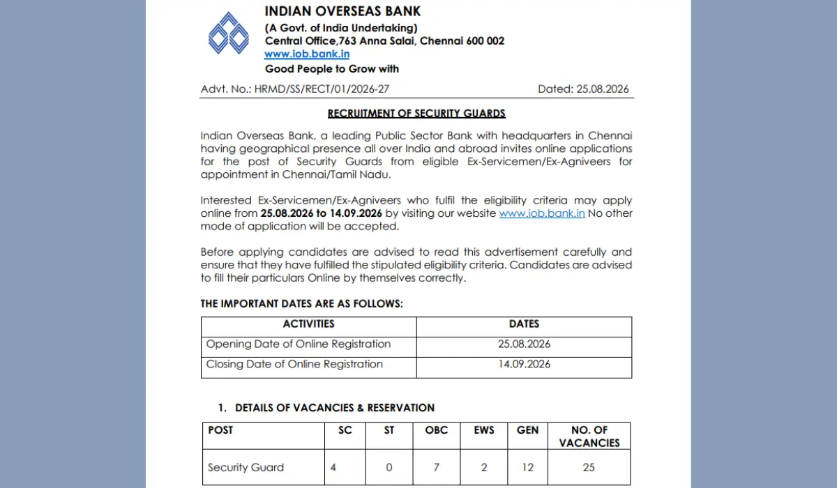 IOB Bank Security Guard Recruitment 2026