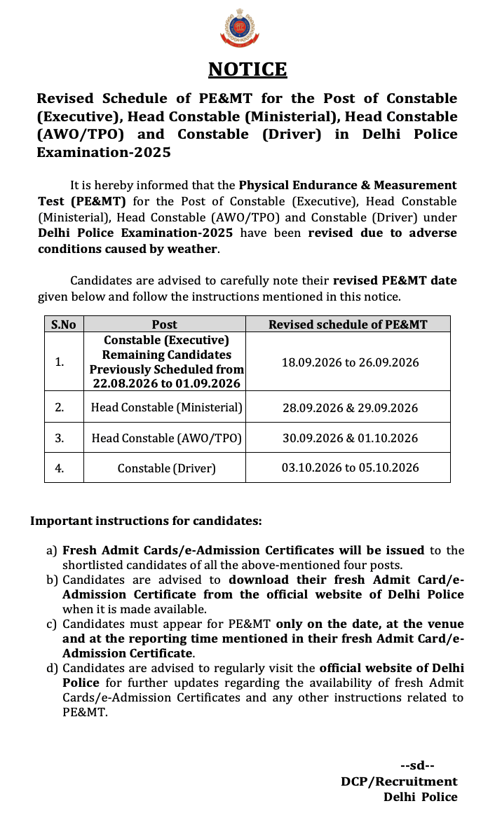 Delhi Police Physical Test Dates 2026 Revised, Check New Schedule for Constable, HCM, AWO TPO & Driver Posts_3.1