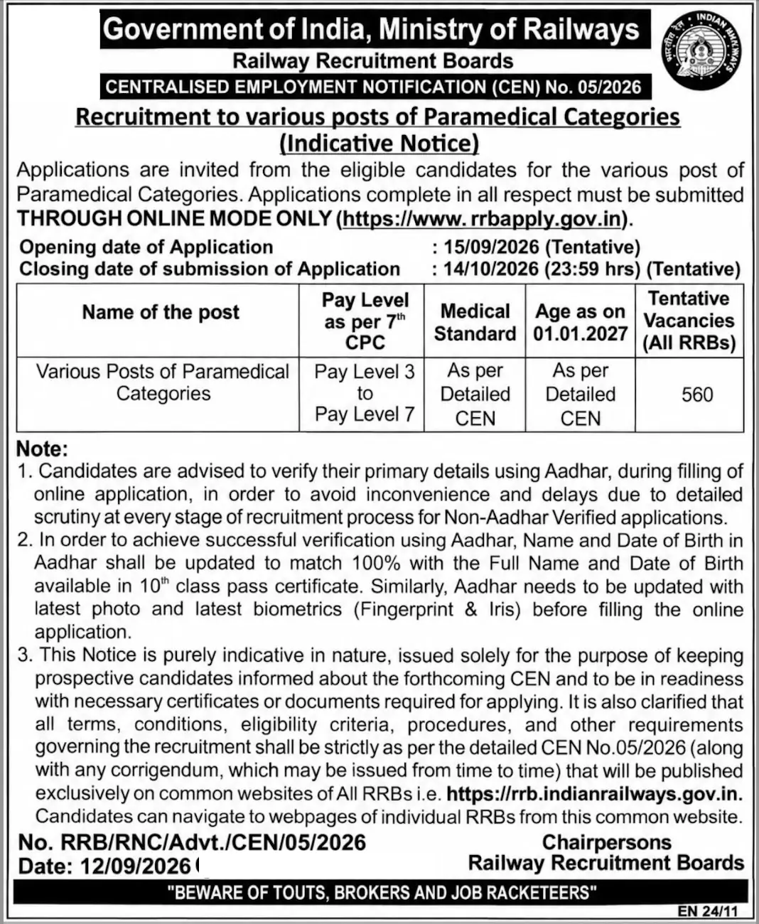 RRB Paramedical Recruitment Notification 2026 PDF Out (Today) for 560 Staff Nurse, Pharmacist & Other Posts_3.1