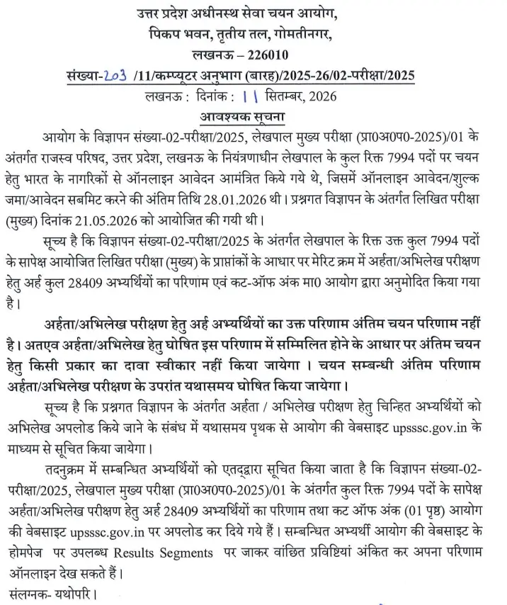 UPSSSC Lekhpal Result 2026 Out, Scorecard Link and Cut Off Marks_3.1