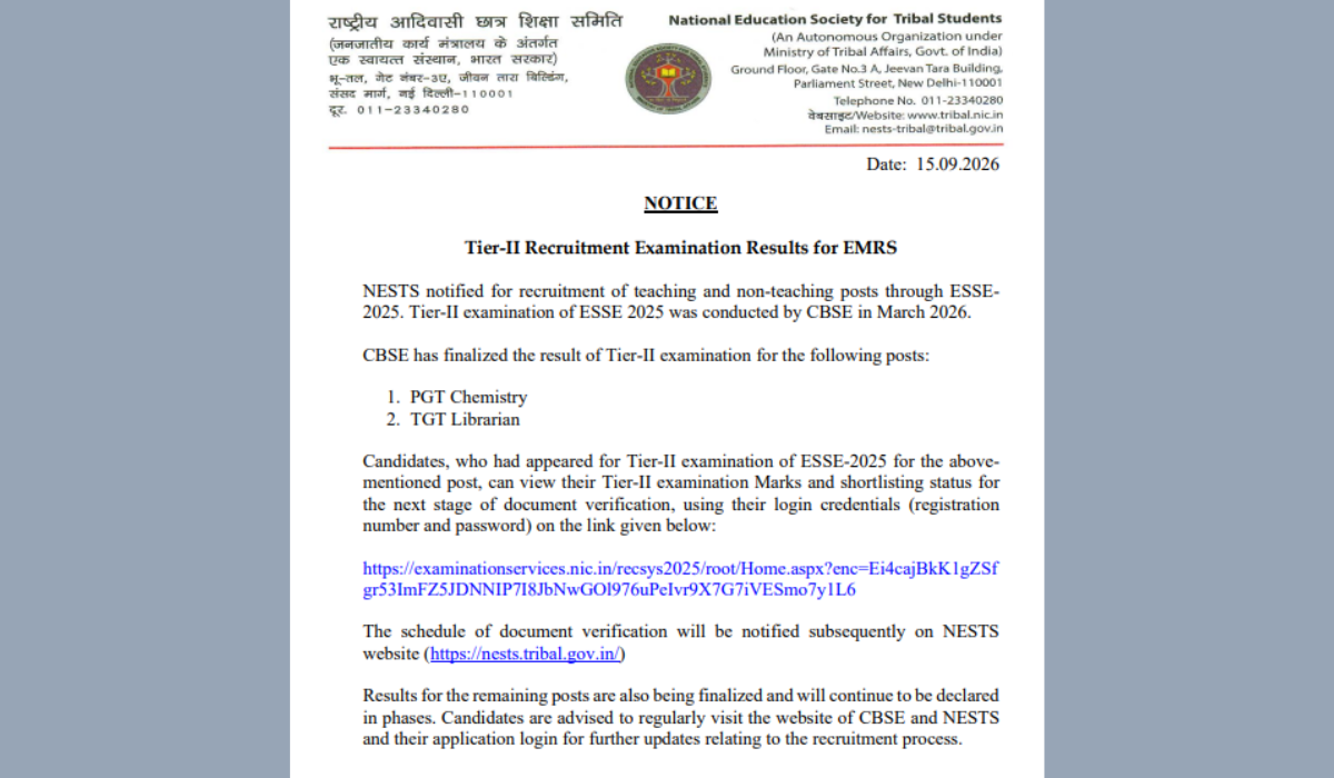 EMRS PGT & TGT Tier 2 Result 2026