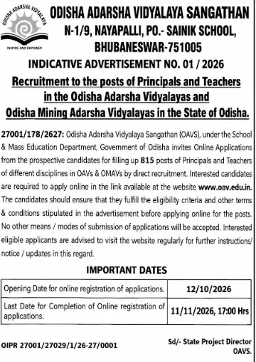 OAVS Teacher Notification 2026 Out (815 Vacant Posts), Check Eligibility & Apply Online Dates_3.1