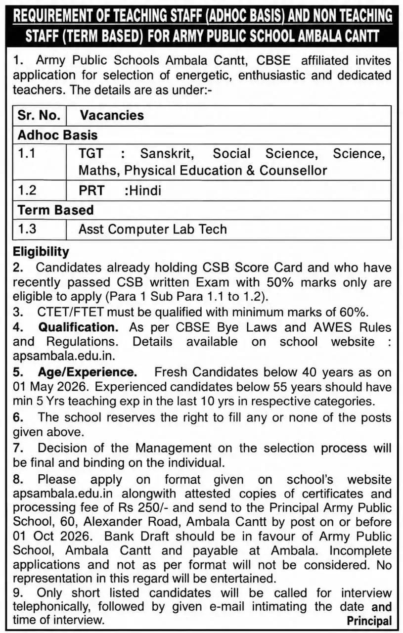Army Public School Recruitment 2026 Notification Out for TGT, PGT & Lab Technician_3.1