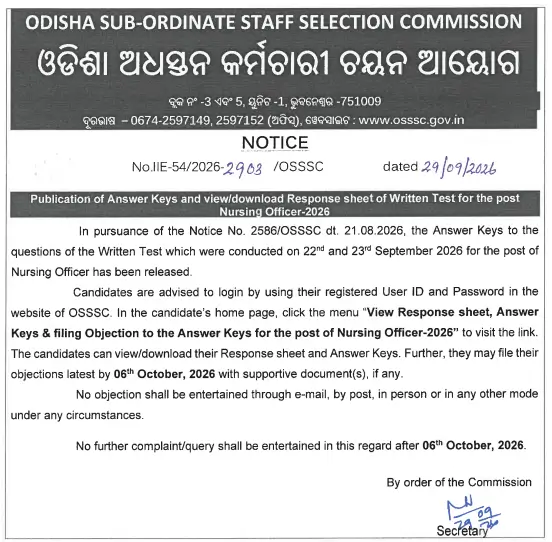 OSSSC Nursing Officer Answer Key 2026 Out, Download Response Sheet and Raise Objection Till 8 Oct_3.1