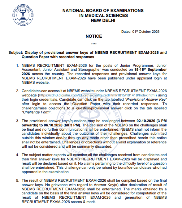 NBEMS Group A, B & C Answer Key 2026 Out at natboard.edu.in, Download Response Sheet_3.1