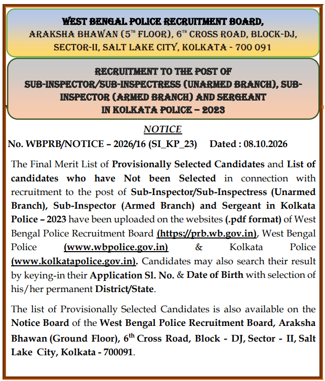 Kolkata Police SI Final Result 2026 and Cut Off Out, Check Selected Candidates List_3.1