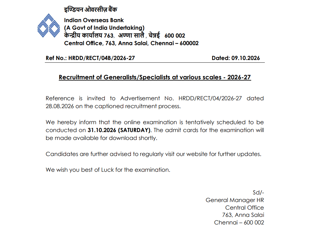 IOB SO Exam Date 2026 Out (291 Vacancies), Online Exam on 31 Oct_3.1